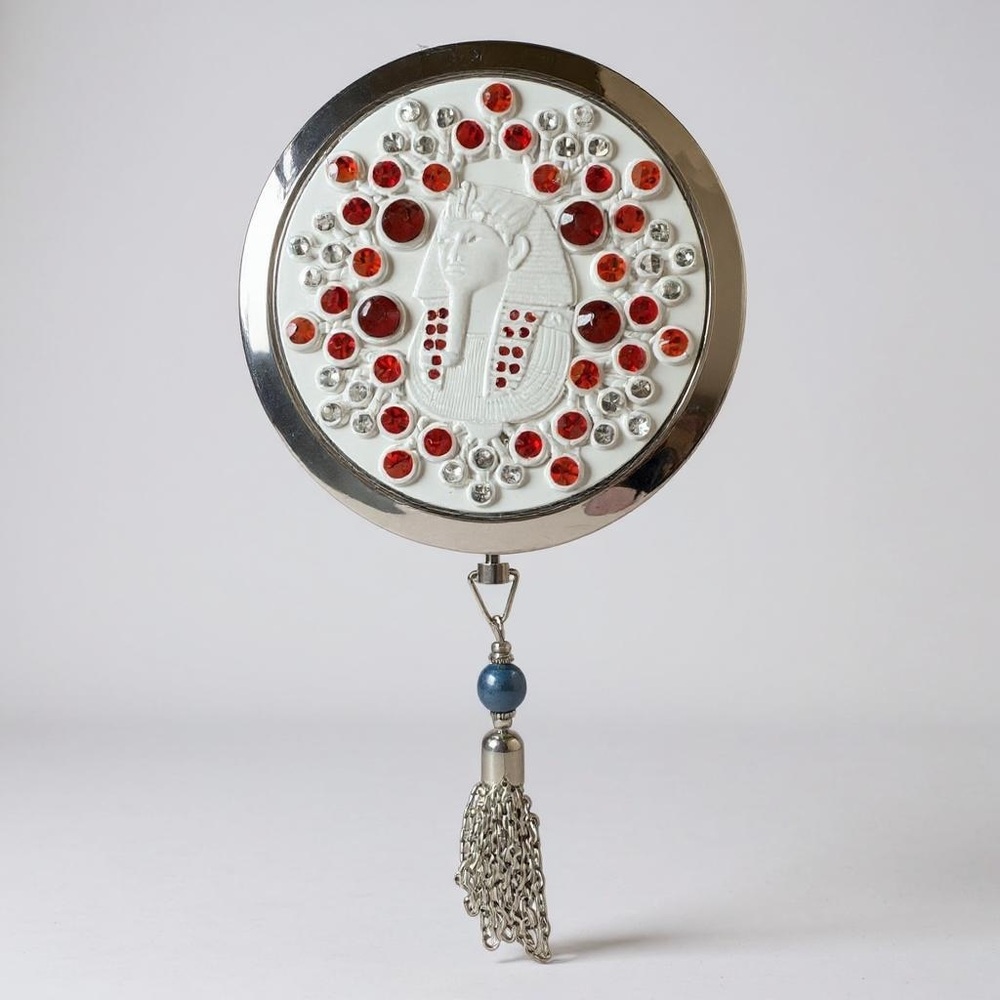 HAND MIRROR Egyptian Pharaoh Compact Magnified Purse silver-tone Rhinestones